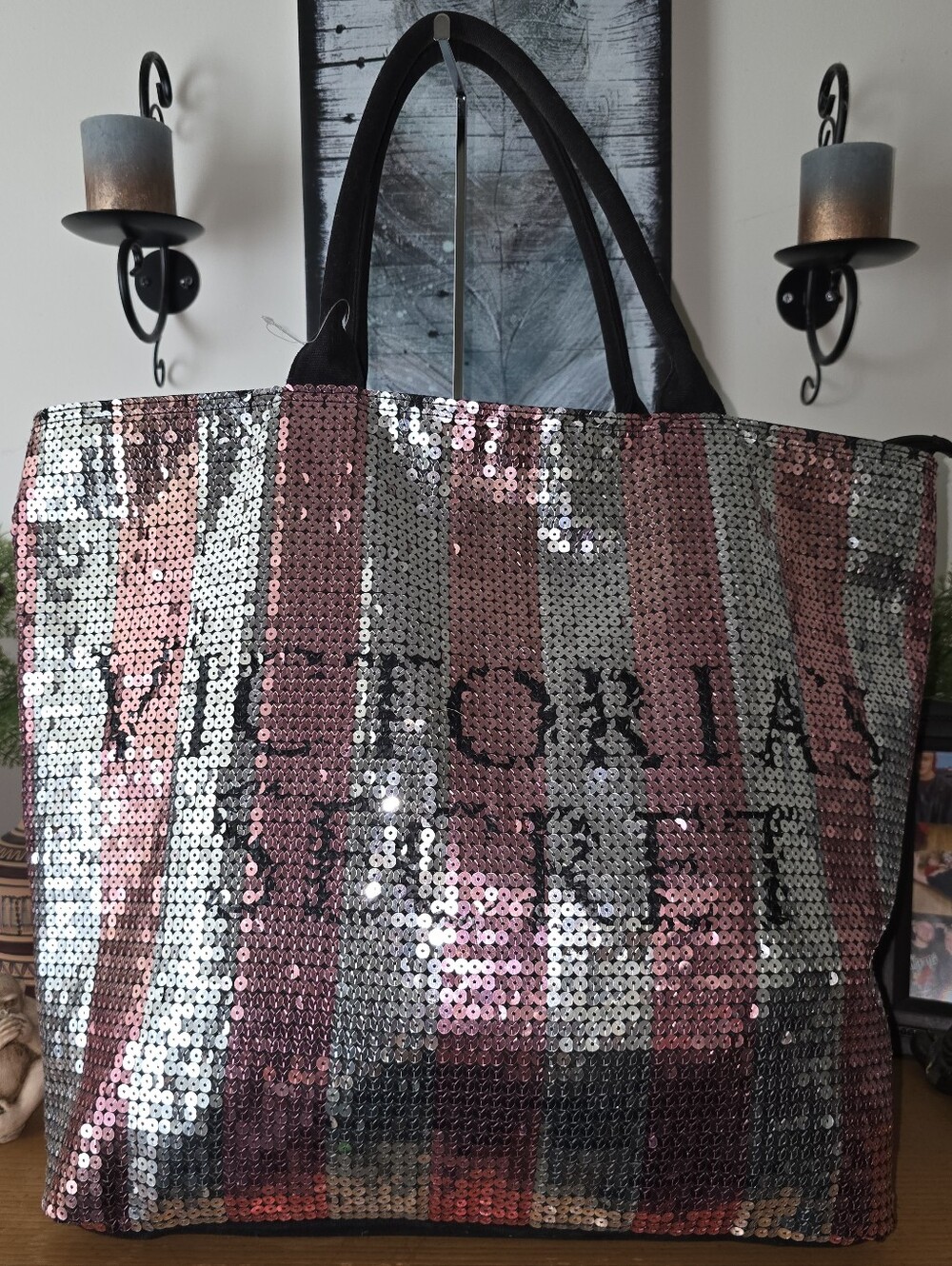 Victoria's Secret Pink Silver Stripe Sequin Bling Weekender Tote Bag